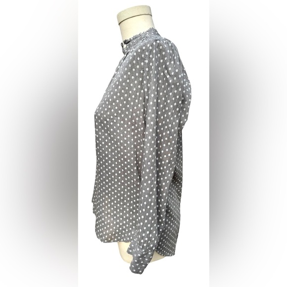 NWT LOFT Petite Small Dotted Ruffle Collar Long Sleeve Button Down Blouse, gray - Picture 10 of 14
